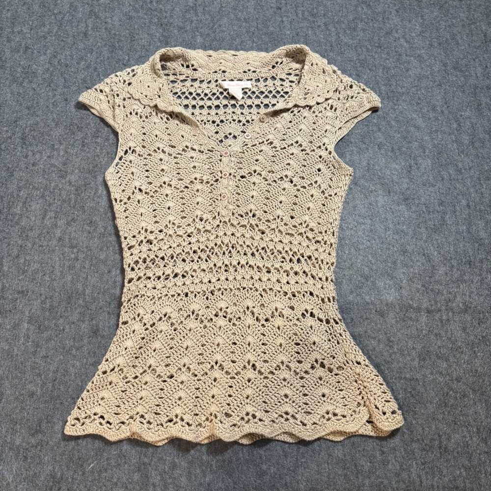 VTG Y2K Forever 21 Tan Crochet Knit Short Sleeve Button Top Scalloped Hem Small